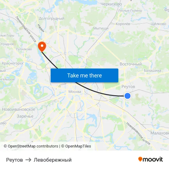 Реутов to Левобережный map