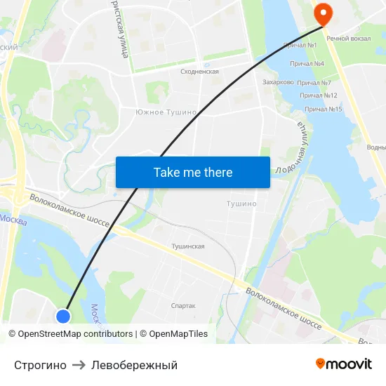 Строгино to Левобережный map