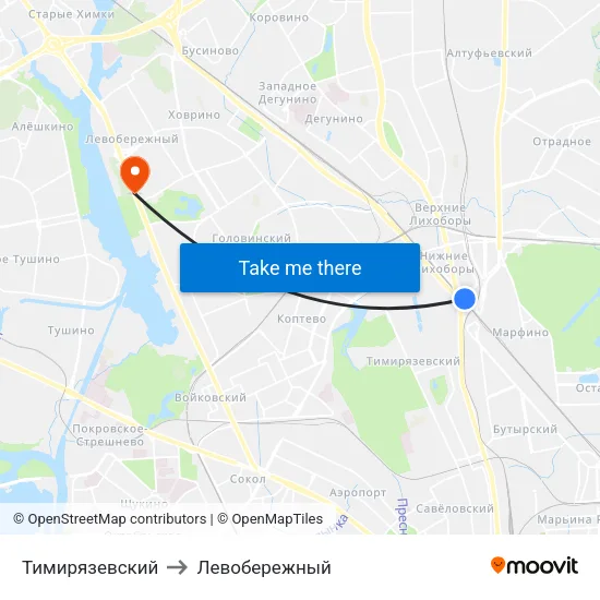 Тимирязевский to Левобережный map