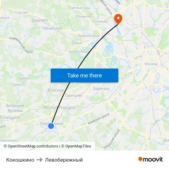 Кокошкино to Левобережный map