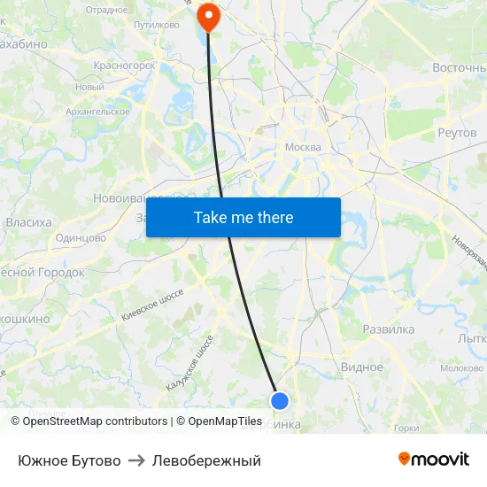 Южное Бутово to Левобережный map