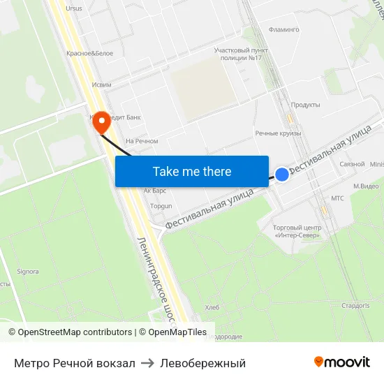 Метро Речной вокзал to Левобережный map