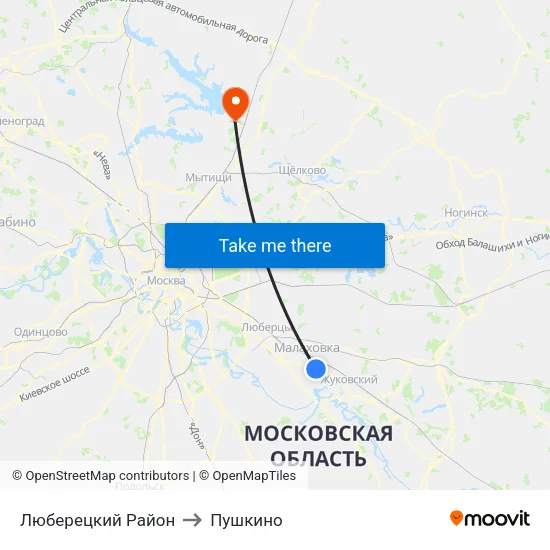 Люберецкий Район to Пушкино map