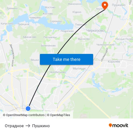 Отрадное to Пушкино map