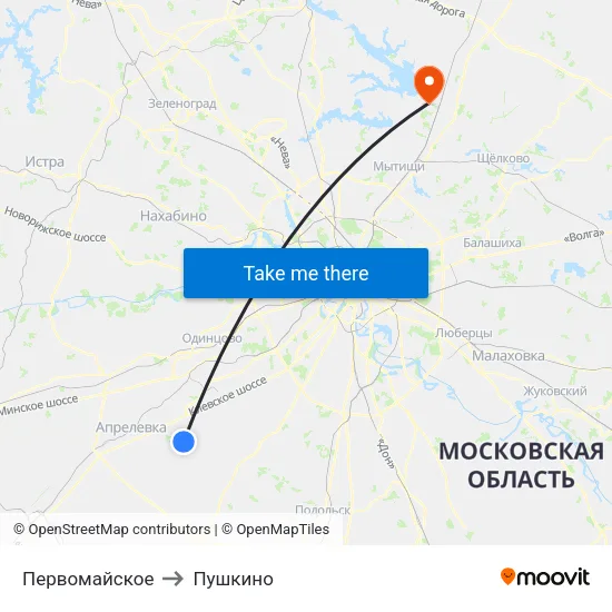 Первомайское to Пушкино map