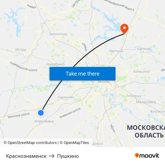 Краснознаменск to Пушкино map