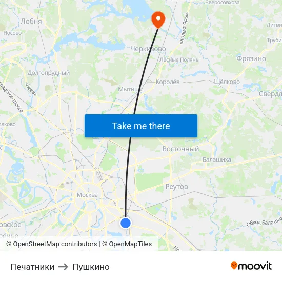 Печатники to Пушкино map