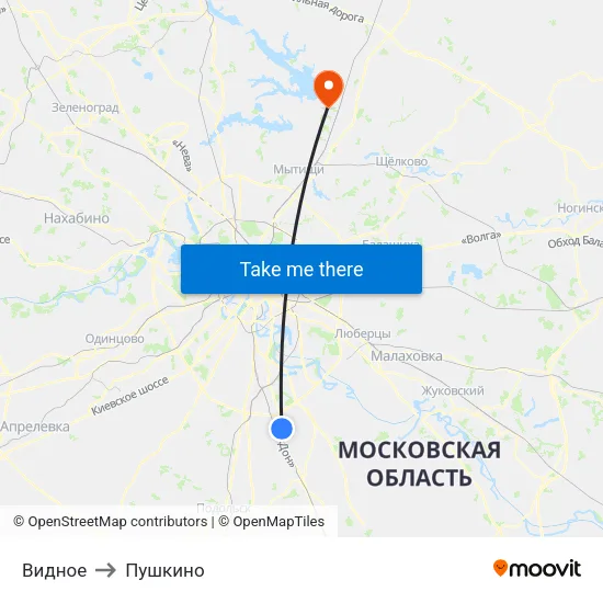 Видное to Пушкино map