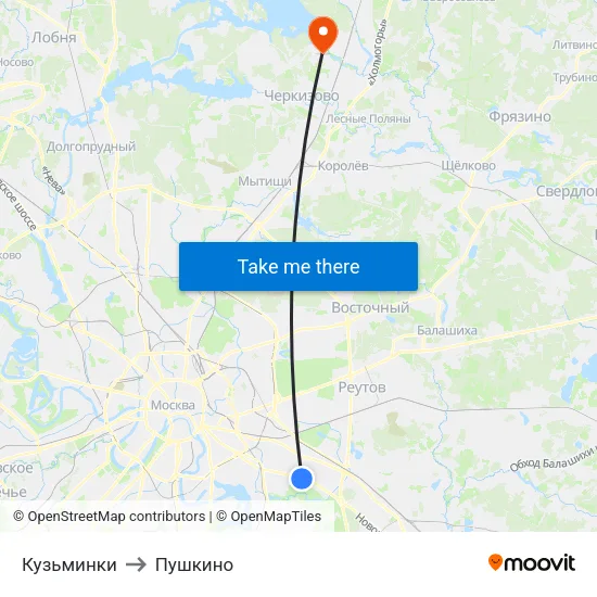 Кузьминки to Пушкино map