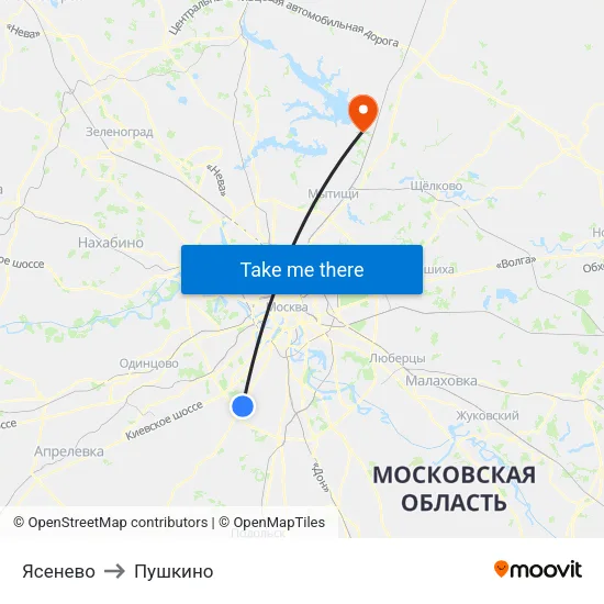 Ясенево to Пушкино map