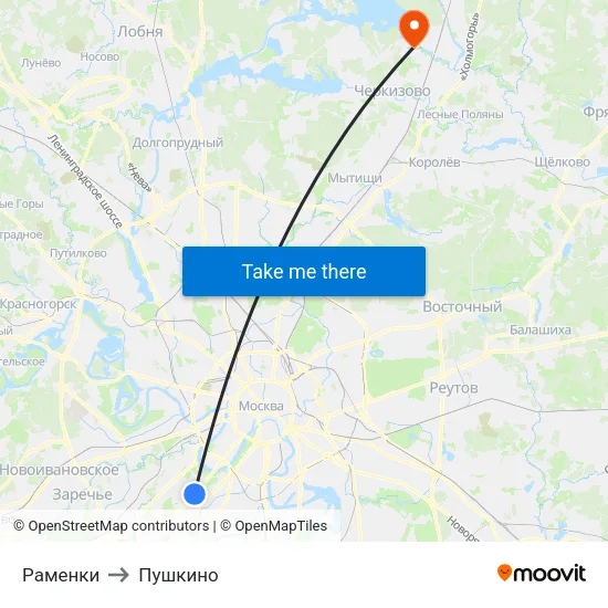 Раменки to Пушкино map