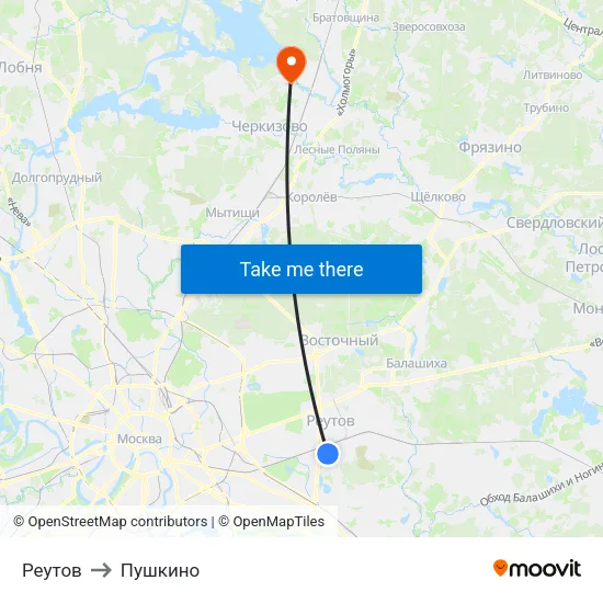 Реутов to Пушкино map