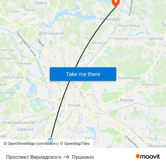 Проспект Вернадского to Пушкино map