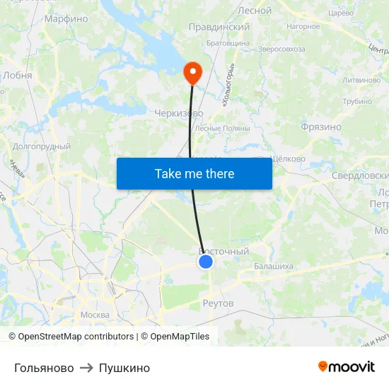 Гольяново to Пушкино map