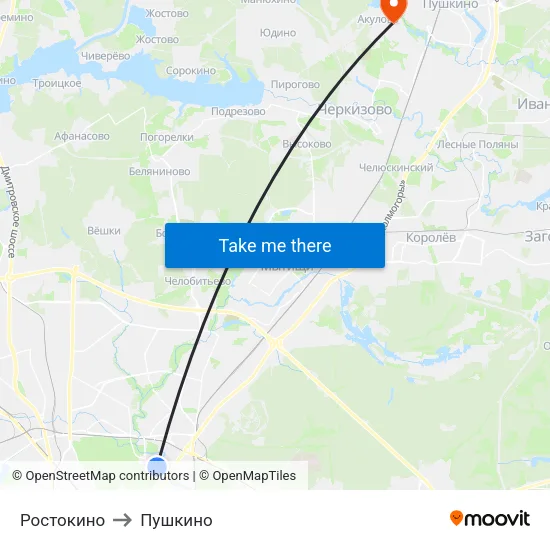 Ростокино to Пушкино map