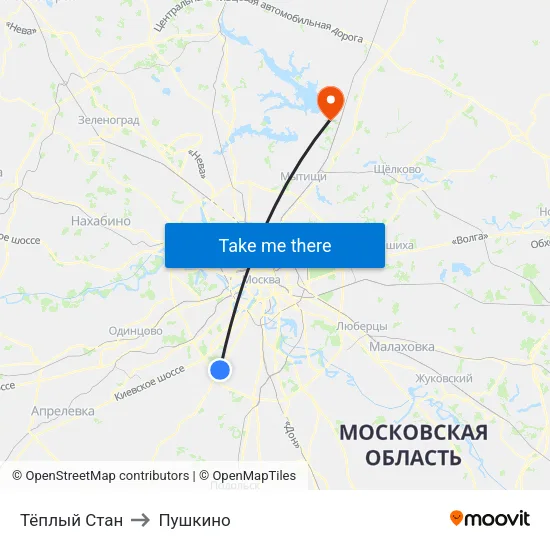 Тёплый Стан to Пушкино map