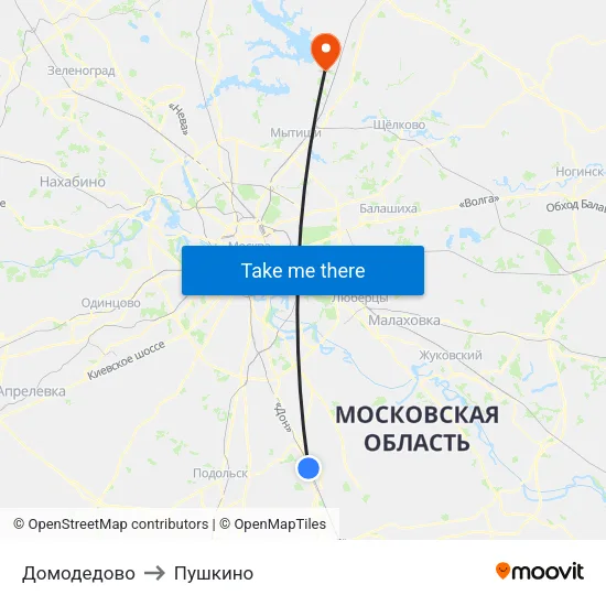 Домодедово to Пушкино map