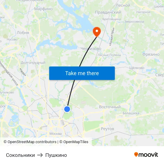 Сокольники to Пушкино map