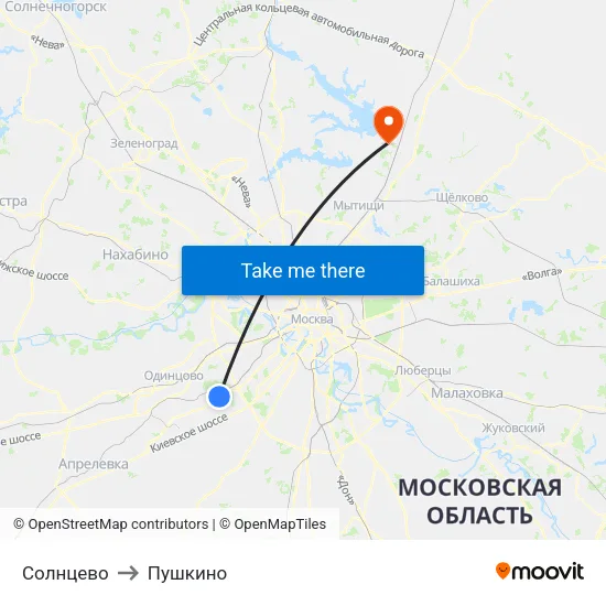 Солнцево to Пушкино map
