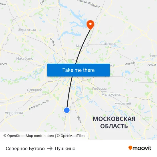 Северное Бутово to Пушкино map