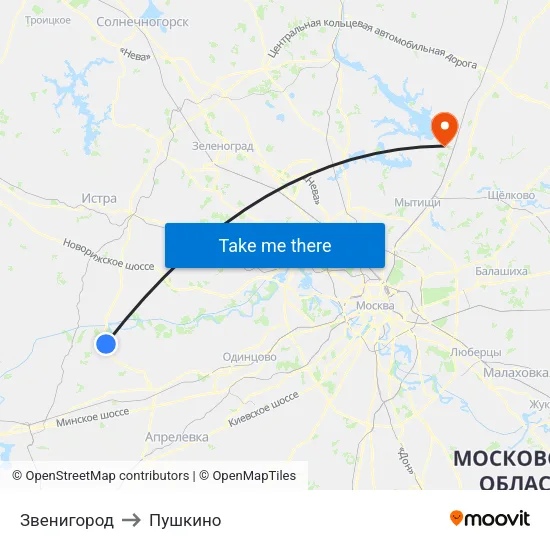 Звенигород to Пушкино map