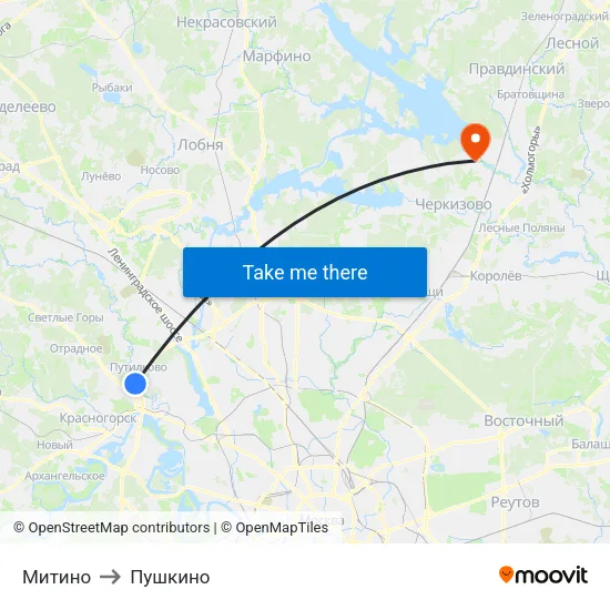 Митино to Пушкино map