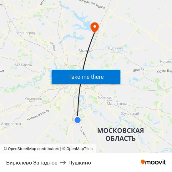 Бирюлёво Западное to Пушкино map