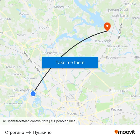 Строгино to Пушкино map