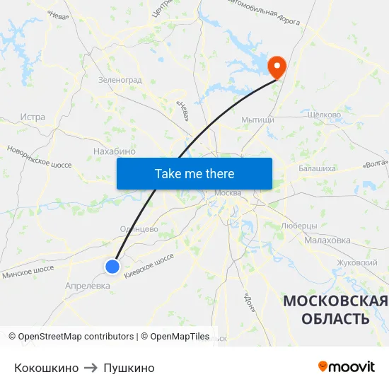 Кокошкино to Пушкино map