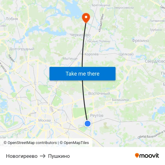 Новогиреево to Пушкино map