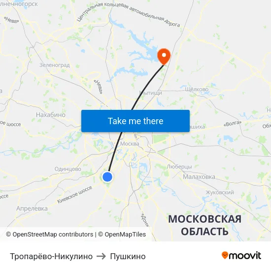 Тропарёво-Никулино to Пушкино map
