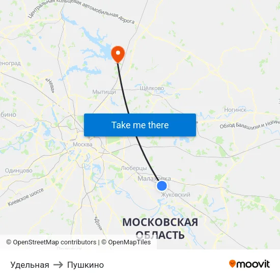 Удельная to Пушкино map
