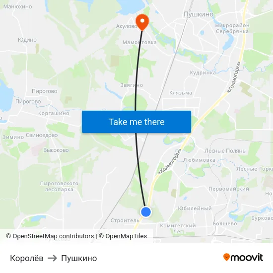 Королёв to Пушкино map