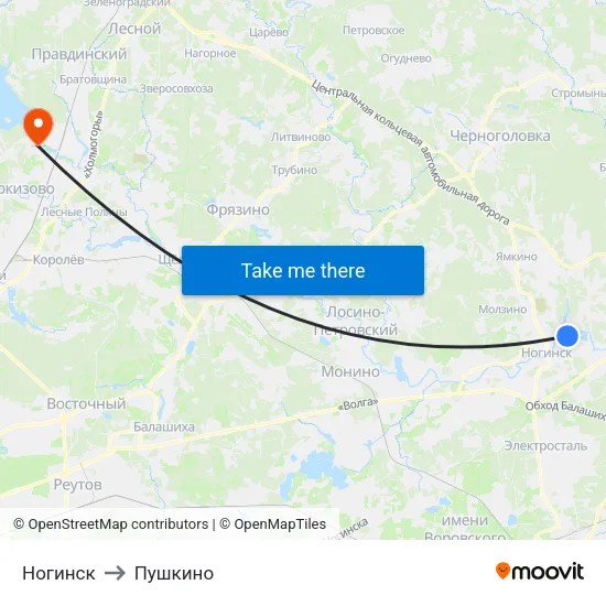 Ногинск to Пушкино map