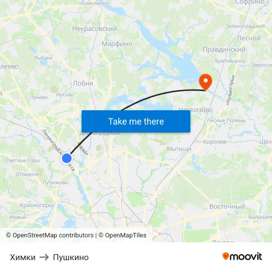 Химки to Пушкино map