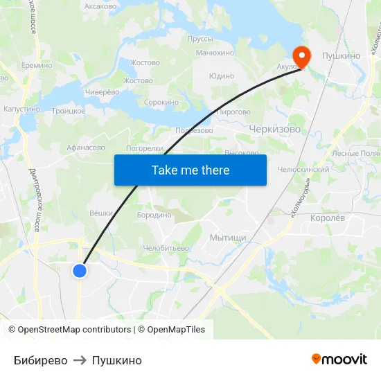 Бибирево to Пушкино map