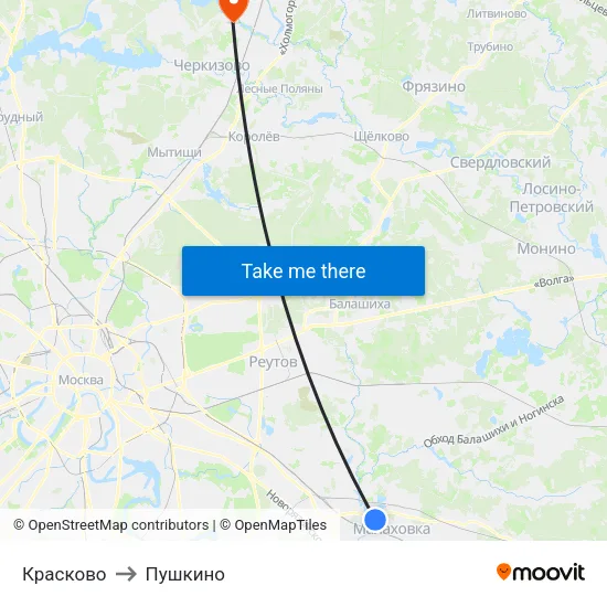 Красково to Пушкино map