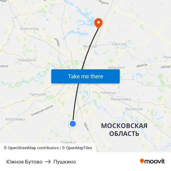 Южное Бутово to Пушкино map