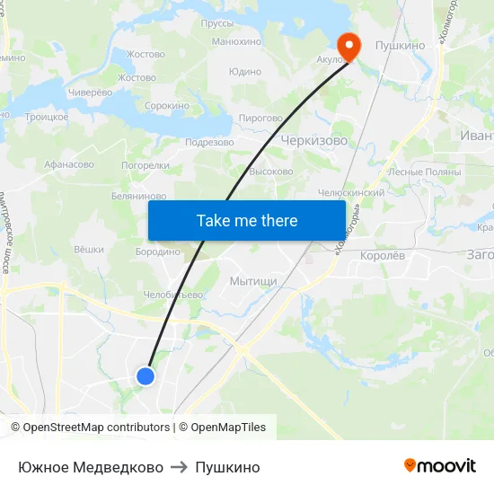 Южное Медведково to Пушкино map