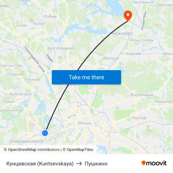Кунцевская (Kuntsevskaya) to Пушкино map