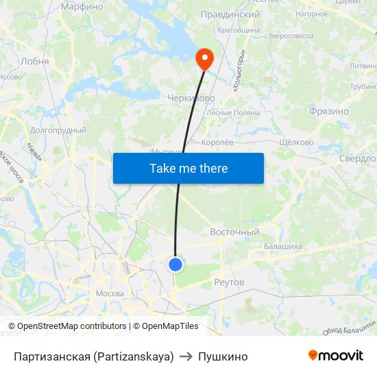 Партизанская (Partizanskaya) to Пушкино map