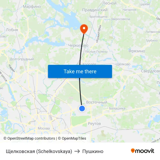 Щелковская (Schelkovskaya) to Пушкино map