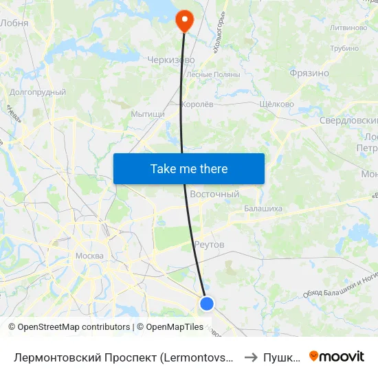 Лермонтовский Проспект (Lermontovsky Prospekt) to Пушкино map