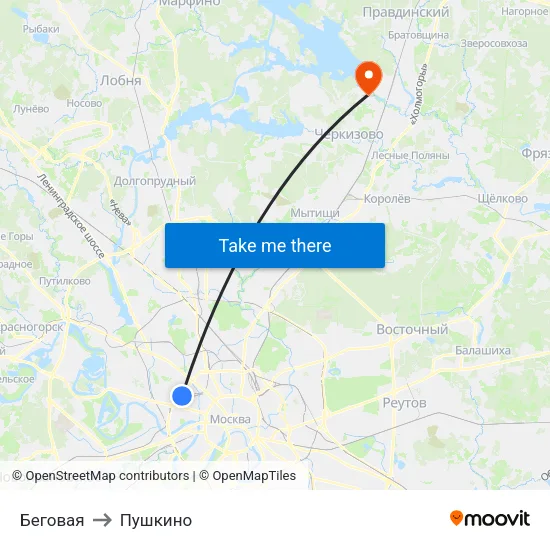 Беговая to Пушкино map