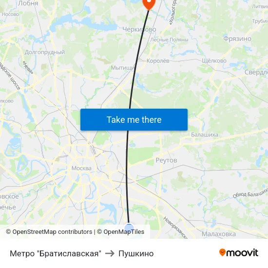 Метро "Братиславская" to Пушкино map
