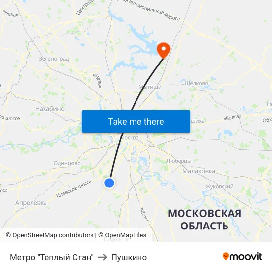 Метро "Теплый Стан" to Пушкино map
