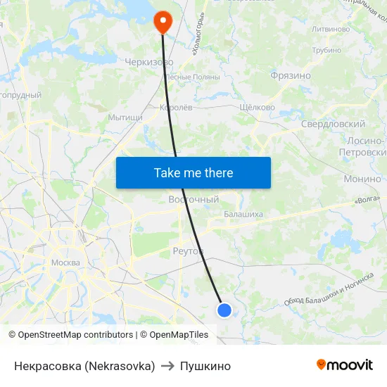 Некрасовка (Nekrasovka) to Пушкино map