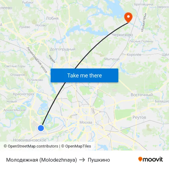 Молодежная (Molodezhnaya) to Пушкино map