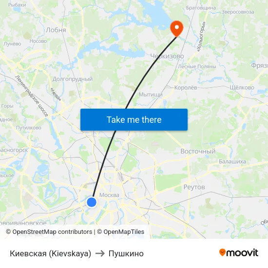 Киевская (Kievskaya) to Пушкино map