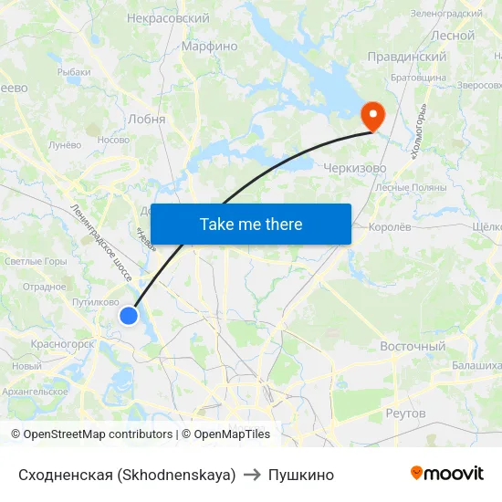 Сходненская (Skhodnenskaya) to Пушкино map